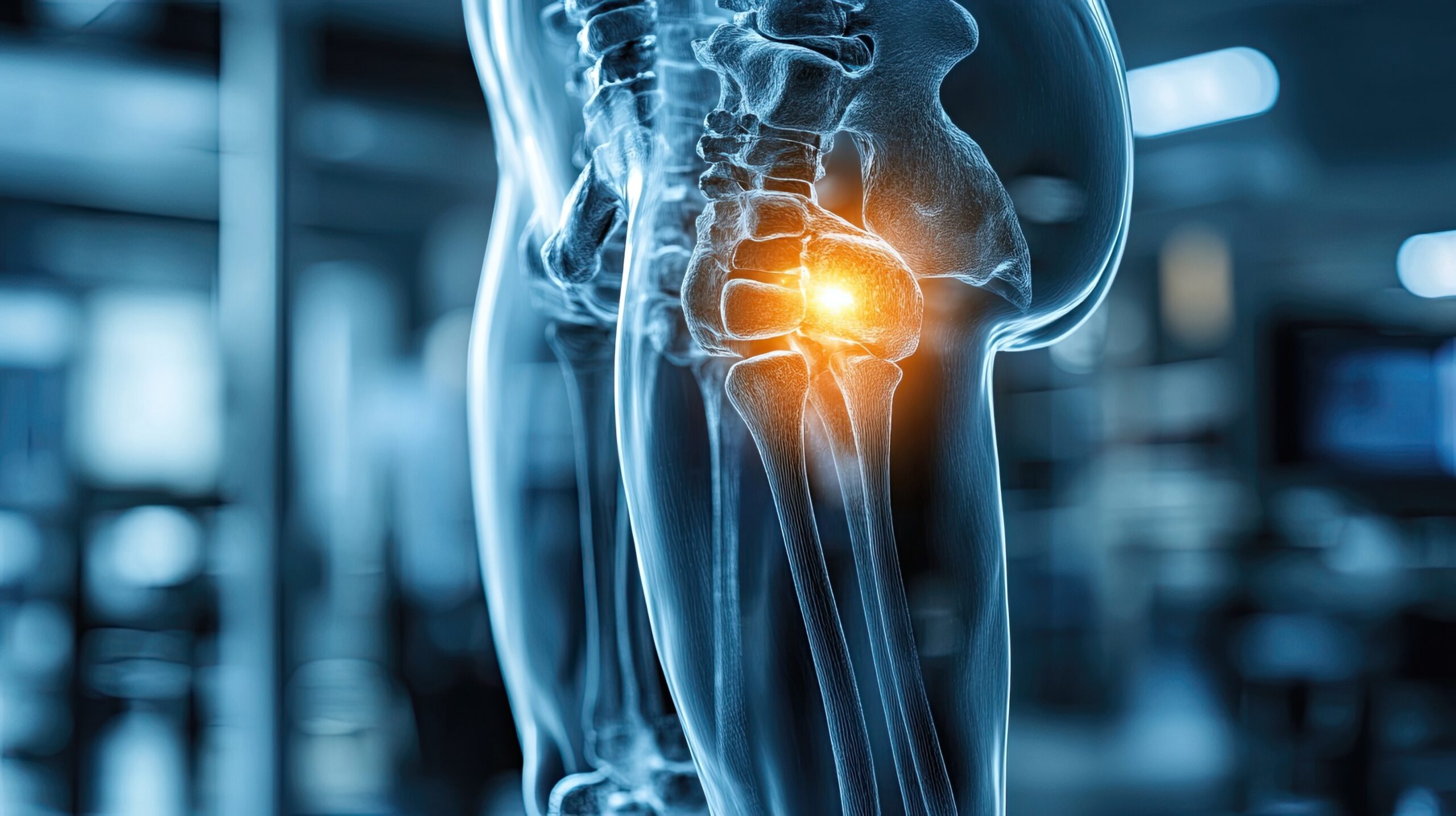 A hip implant medical poster, showing knee joint replacement with artificial implants, addressing arthritis, fractures, and medical advancements in orthopedic surgery.
